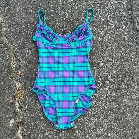 Vintage Sirena Ruffled Plaid Multicolor One Piece High Cut Swimsuit Size 0 - Picture 1 of 6